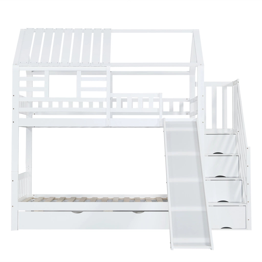 Letto a Castello 90x200 cm con Scala; Scivolo; Contenitori e Cassetti in Bianco