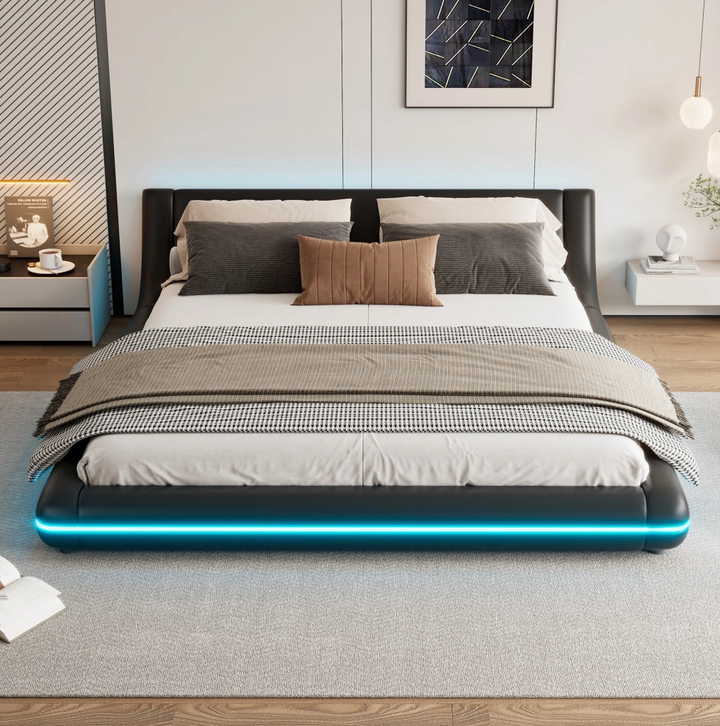 Letto a pavimento 160x200 cm in PU nero con LED