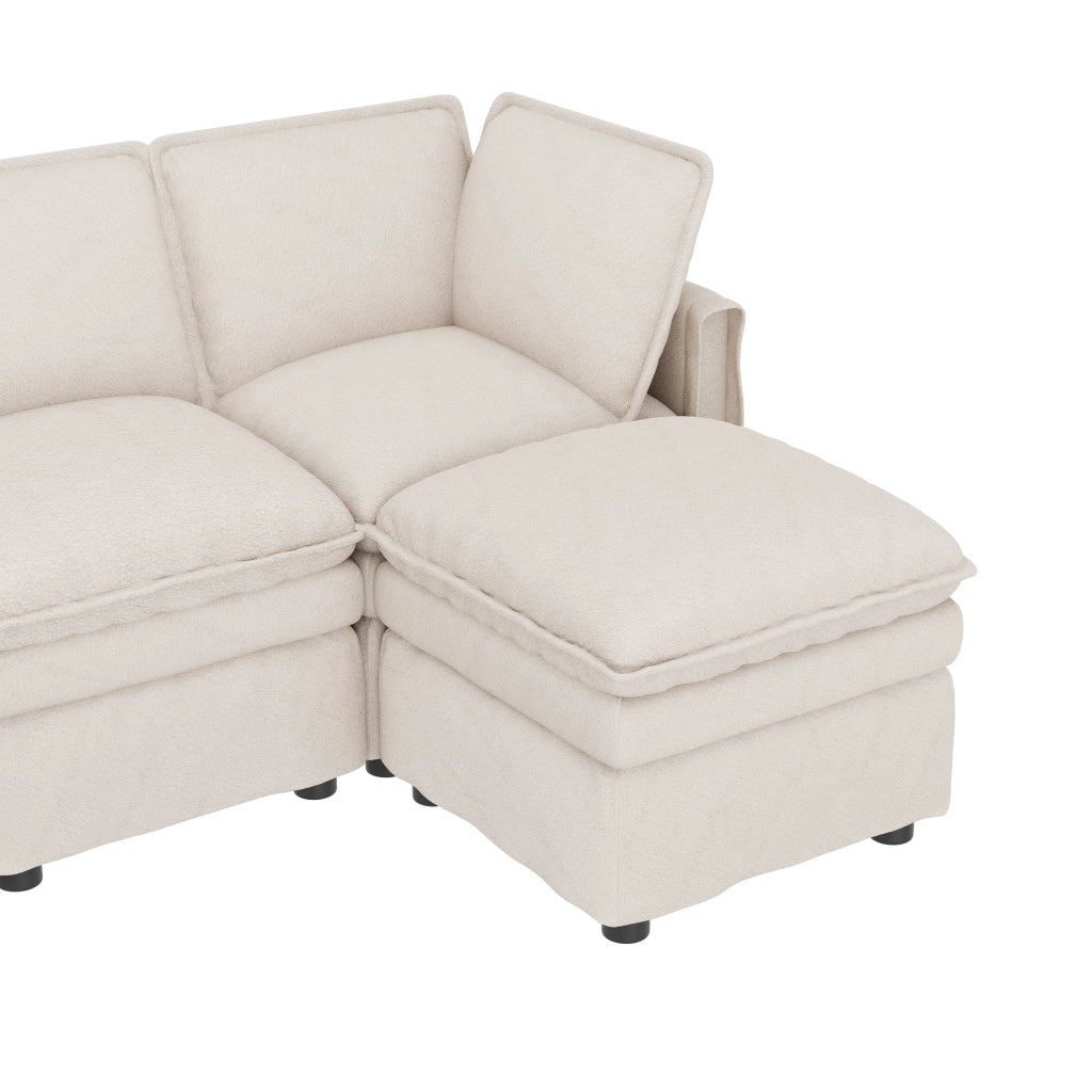 Divano modulare a U con funzione letto e pouf mobile in chenille beige con seduta doppia 6 posti 344 × 127 × 91 cm