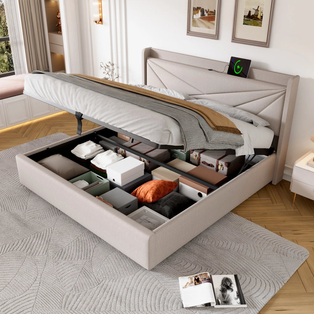 LETTO Contenitore 140x200 cm Beige in Cotone e Lino con USB Type-C