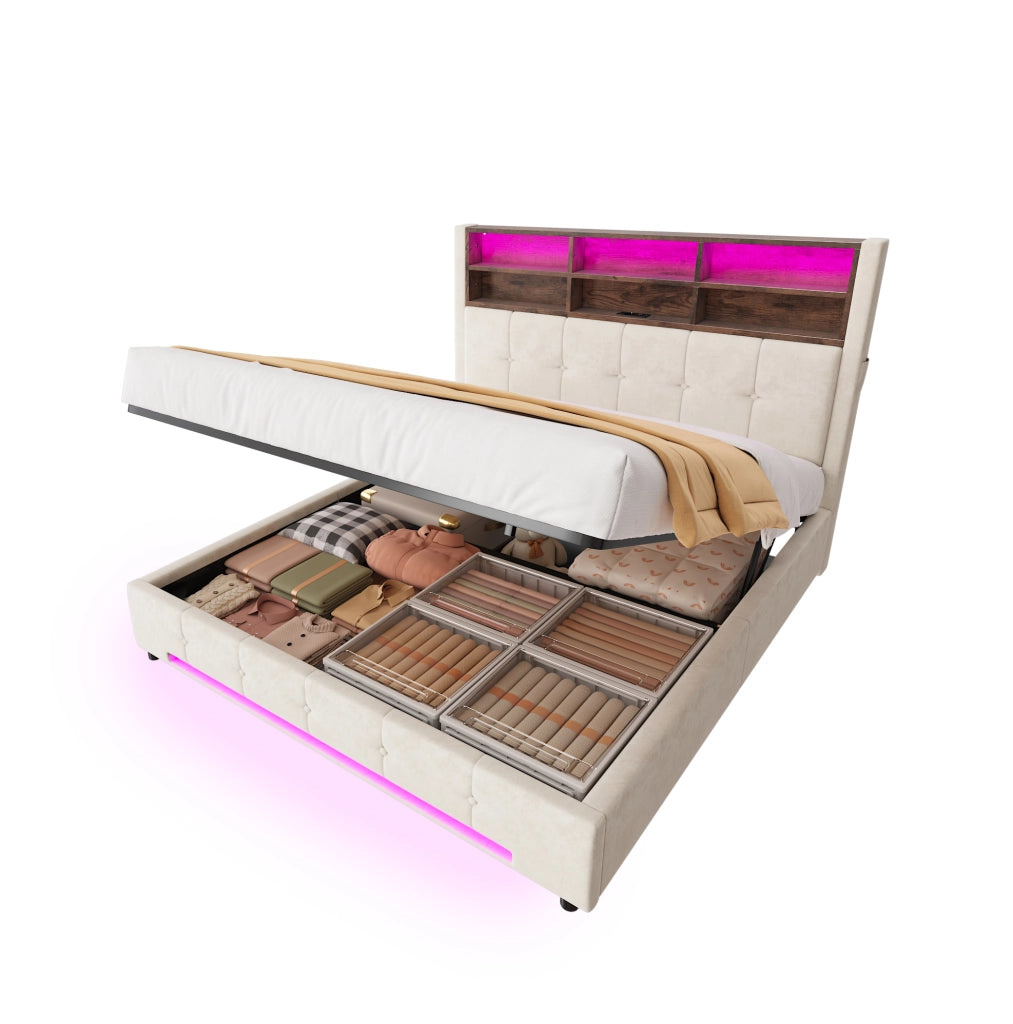 Letto 160x200 cm con contenitore; LED e USB-C in velluto beige