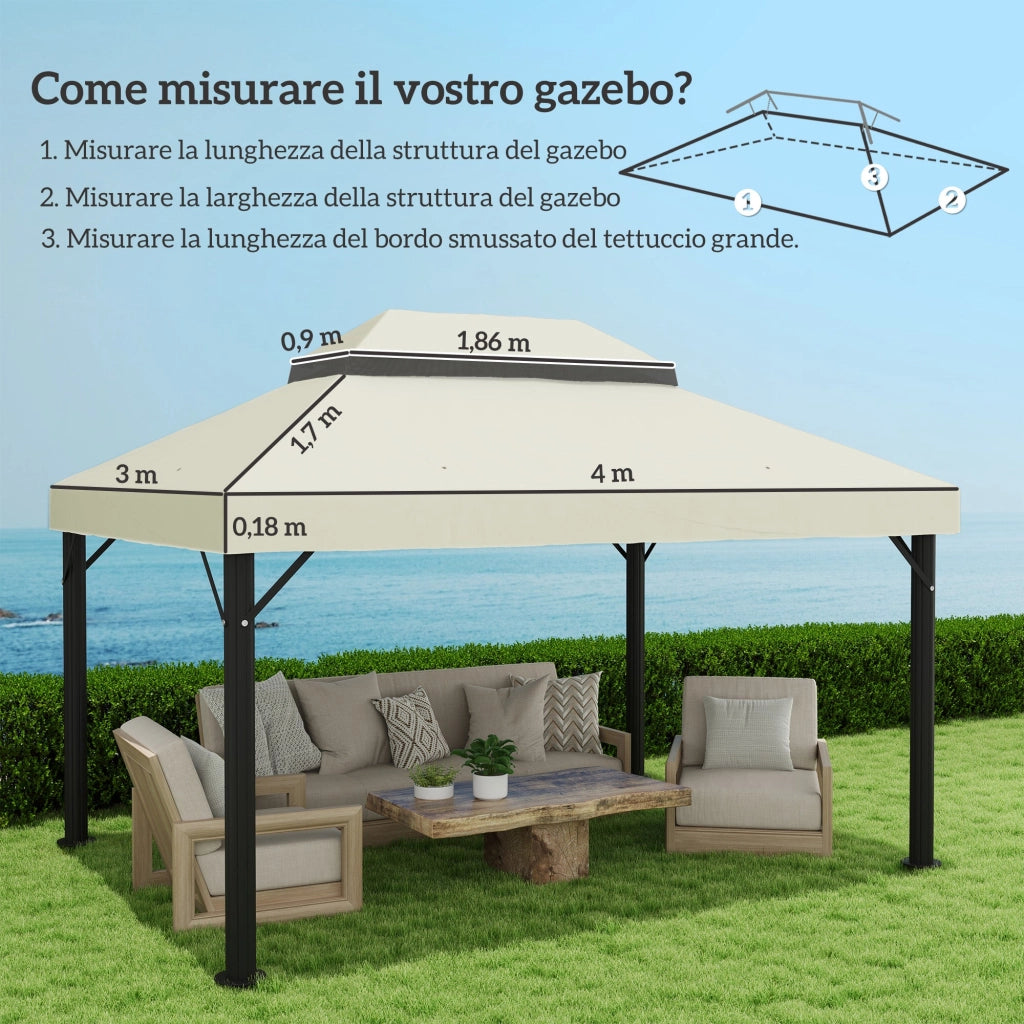 Copertura per Gazebo da Giardino 400x 300 cm a 2 Livelli in Tessuto Oxford 600D con Fori di Drenaggio Bianco Crema