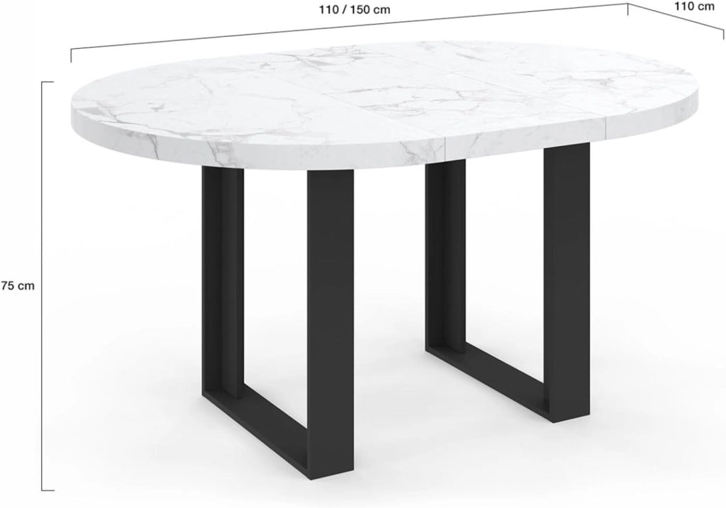 Tavolo da pranzo rotondo allungabile PHOENIX 4-6 persone con piano effetto marmo bianco ALASKA 110-150 cm