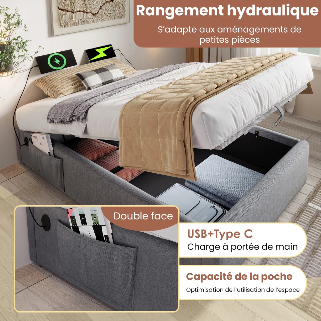OKWISH Letto Contenitore 90×190 cm, Letto Singolo con USB, Type C e Tasca Laterale, senza Materasso, in Lino Cotone, Grigio
