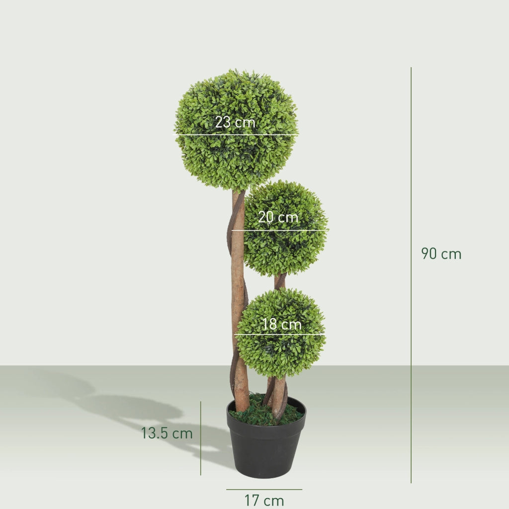 Set 2 Piante di Bosso Artificiale a 3 Sfere, con Vaso e Fondo Rinforzato, Altezza 90 cm, per Interno ed Esterno