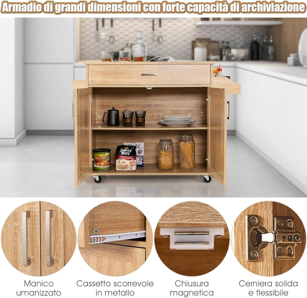 Carrello da Cucina con Ruote di Gomma, Scaffale per Microonde Carrello Servizio, Credenza Cucina Legno Moderno Elegante, 116 x 37 x 85 cm (Naturale)
