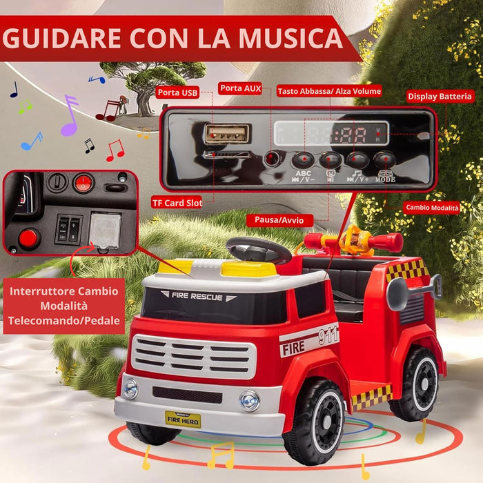 Macchina Elettrica per Bambini Camion dei Pompieri Telecomandato 12V 7,5Ah Rosso