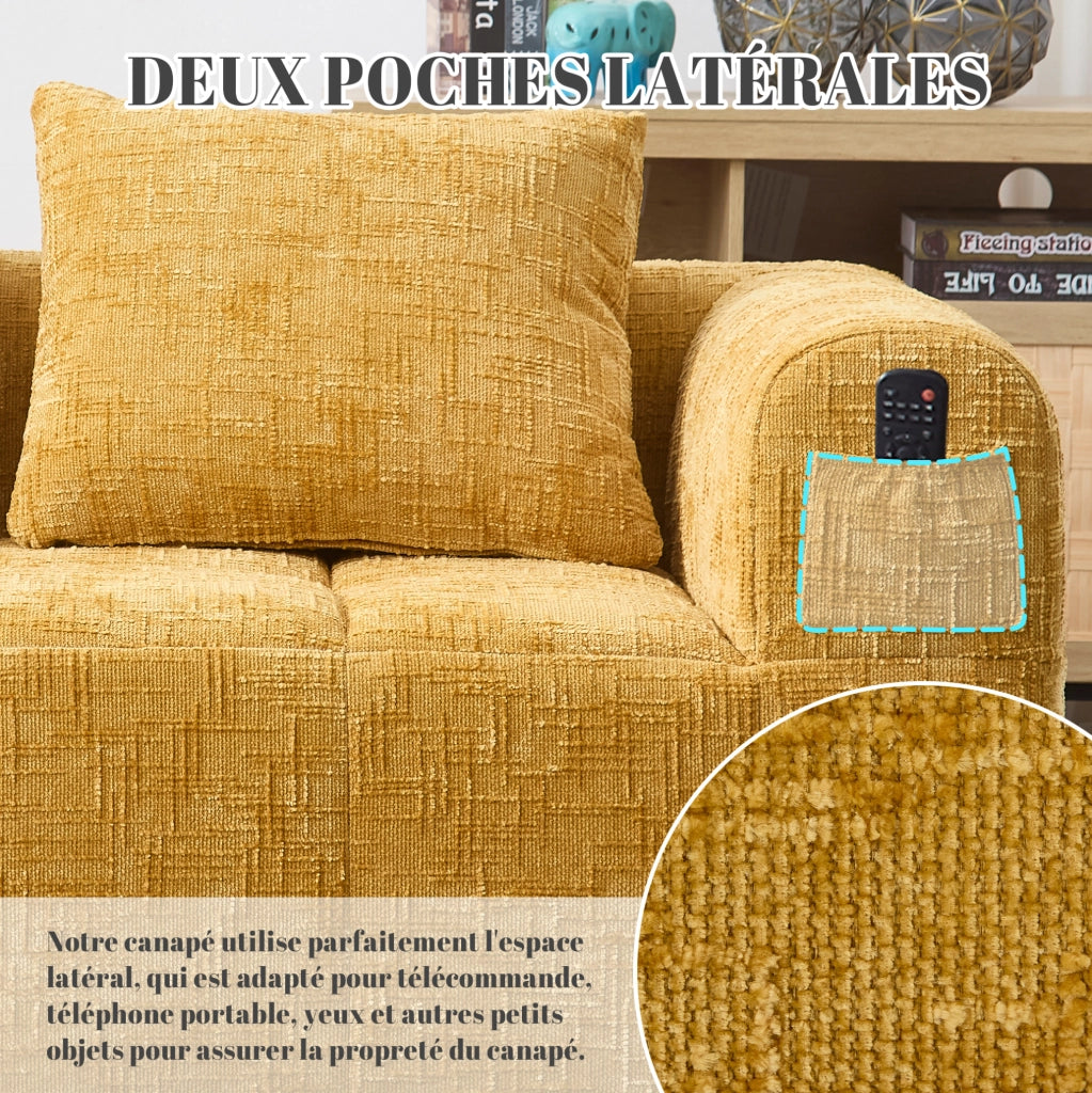 Divano 2 posti in tessuto chenille giallo con chaise longue, cuscino incluso e tasche laterali