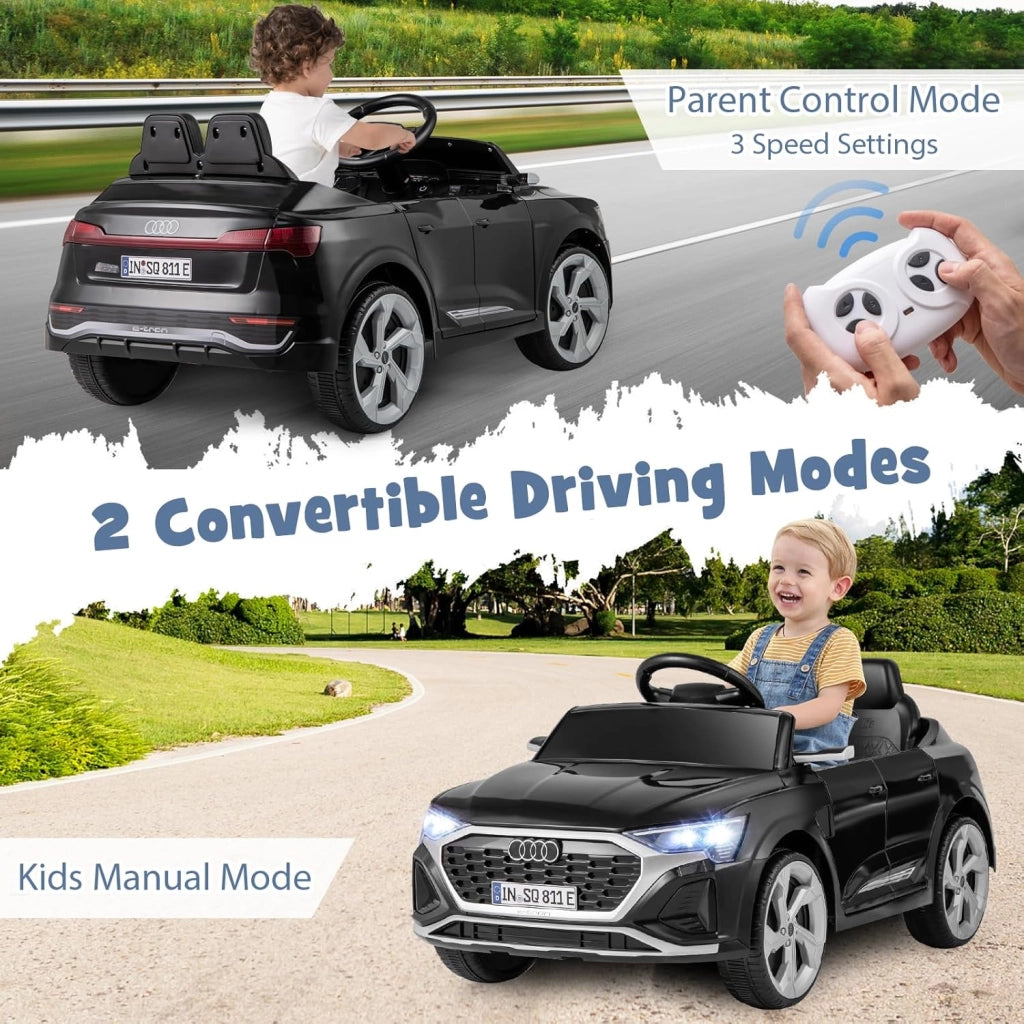 Macchina Elettrica per Bambini Audi SQ8 12V con Telecomando, Auto Elettrico a Pedale, Veicoli con Musica, Fari LED e Doppio Motore, 3 Velocità 3-5km/h, Carico 30 kg, 3+ Anni (Nero)