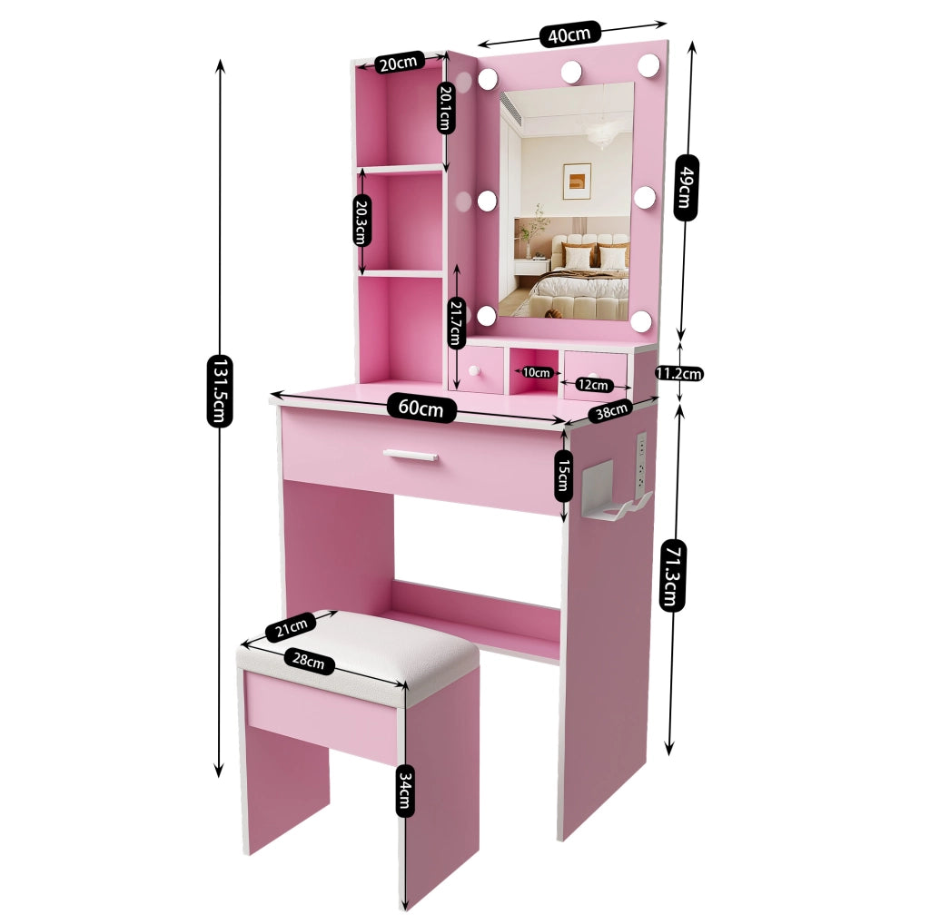 Toeletta rosa con specchio LED, presa, cassetti e sgabello