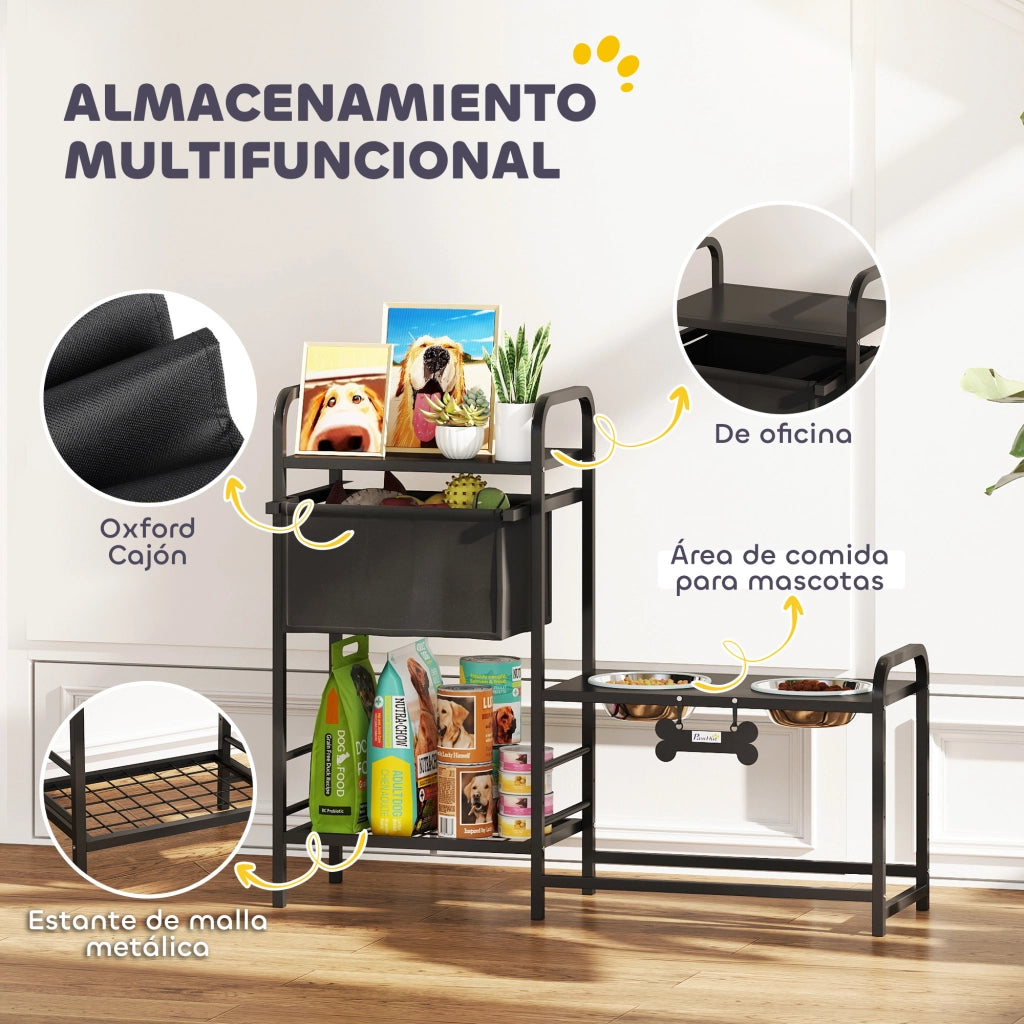 Tavolo da Pranzo per Cani con Ripiani e Contenitore ¨C Minimal ¨C Nero, Acciaio Inox, Altura Regolabile