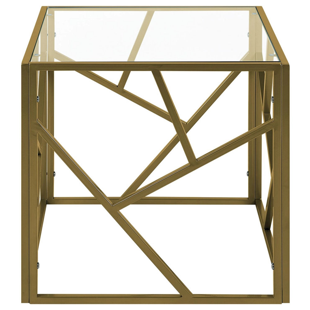 Tavolino Piano In Vetro Trasparente Struttura In Metallo Dorato Cubo 50 x 50 cm Glam Modern
