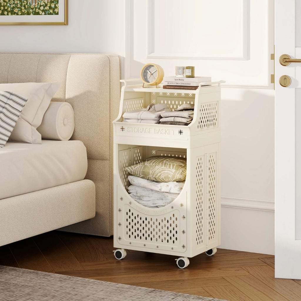 Carrello lavanderia 3 livelli contenitore pieghevole ruote bloccabili-Scaffale-Carrello lavanderia cesta 6 ganci appendiabiti Beige