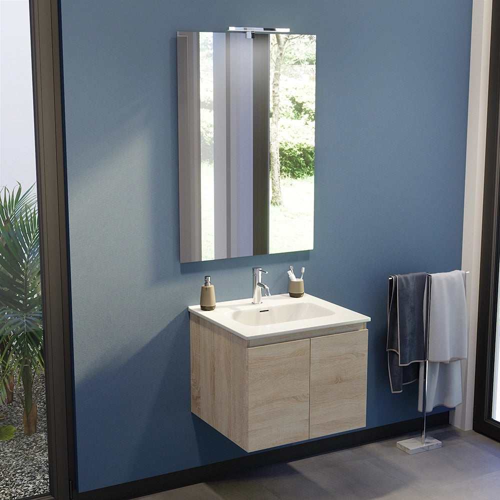Mobile bagno sospeso 70 cm due ante rovere chiaro lavabo e specchio | Yili