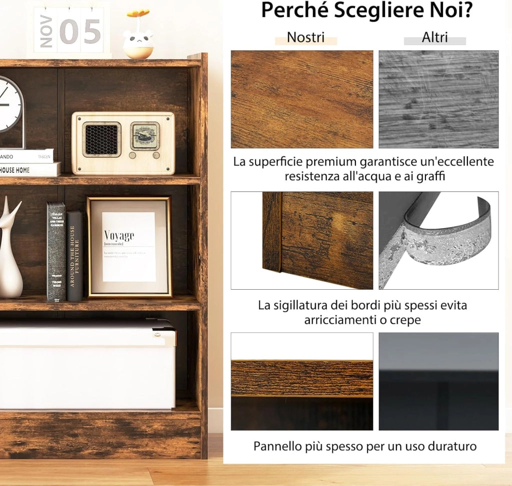 Libreria a 3 Piani, Scaffale Multifunzionale con Ripiani Regolabili e Dispositivo Antiribaltamento, per Soggiorno, Camera da Letto, Studio, 50 x 30 x 75 cm, Marrone