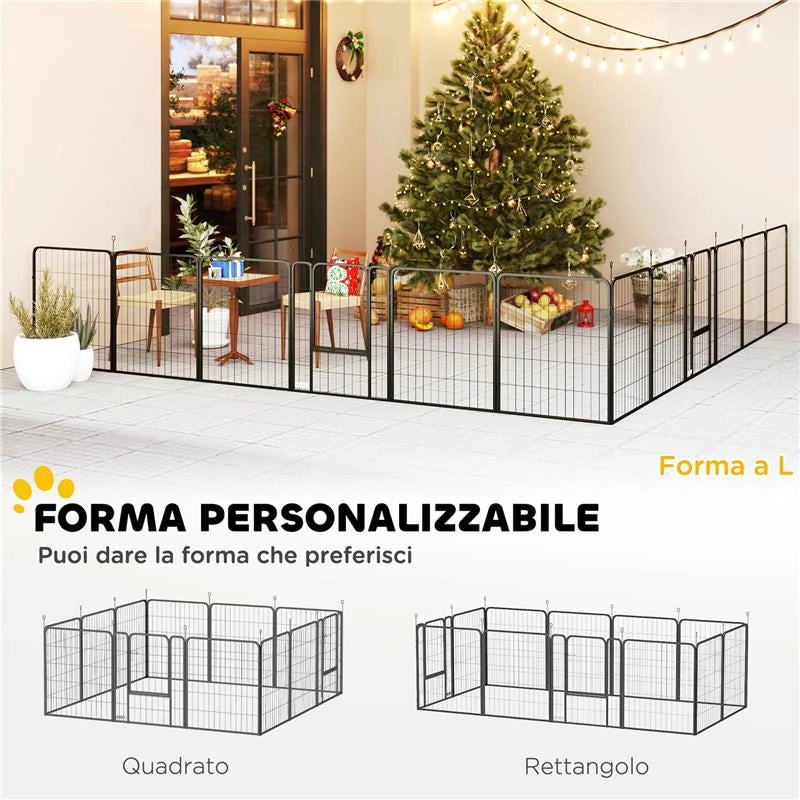 RECINTO PER CANI A 12 PANNELLI MODULABILI DA 68X1.5X80CM IN ACCIAIO NERO CON PORTA DI INGRESSO