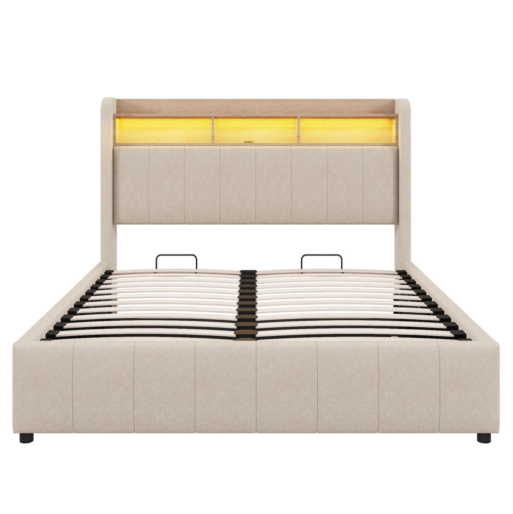 Letto imbottito 160x200 cm con LED e vano contenitore; tessuto in lino; beige
