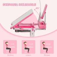 Set Scrivania per Bambini 6-12 Anni con Sedia Regolabile in Altezza, Cassetto, Luce e Piano Inclinabile, Rosa