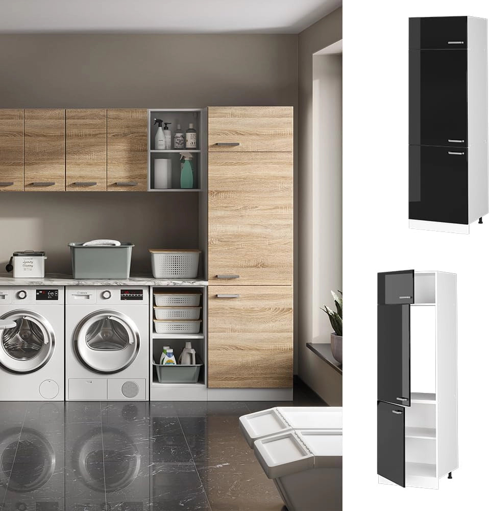 Dispensa universale R-Line, Nero lucido, 60 cm con porte, per la conservazione di utensili domestici e scorte
