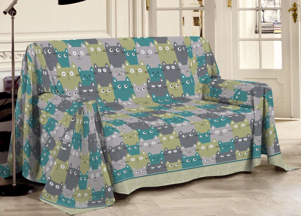 Telo Arredo Multiuso Linea Pensieri Delicati In Cotone Disegno Happy Cat - Matrimoniale - Verde
