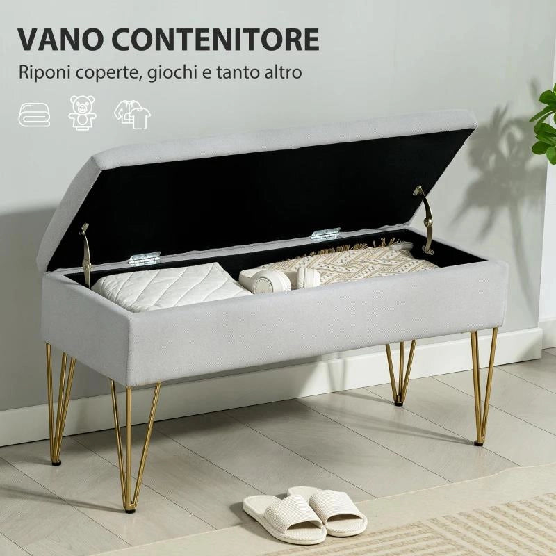 PANCA FONDO LETTO CON CONTENITORE IN TESSUTO E GAMBE IN ACCIAIO, 100X40X49 CM, GRIGIO CHIARO