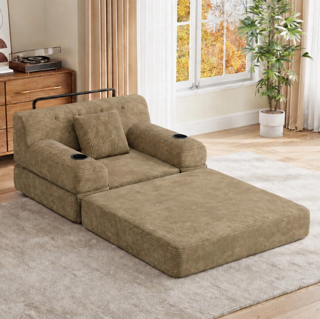 Poltrona letto 1 posto 107x162 cm in velluto a coste con portabevande; kaki
