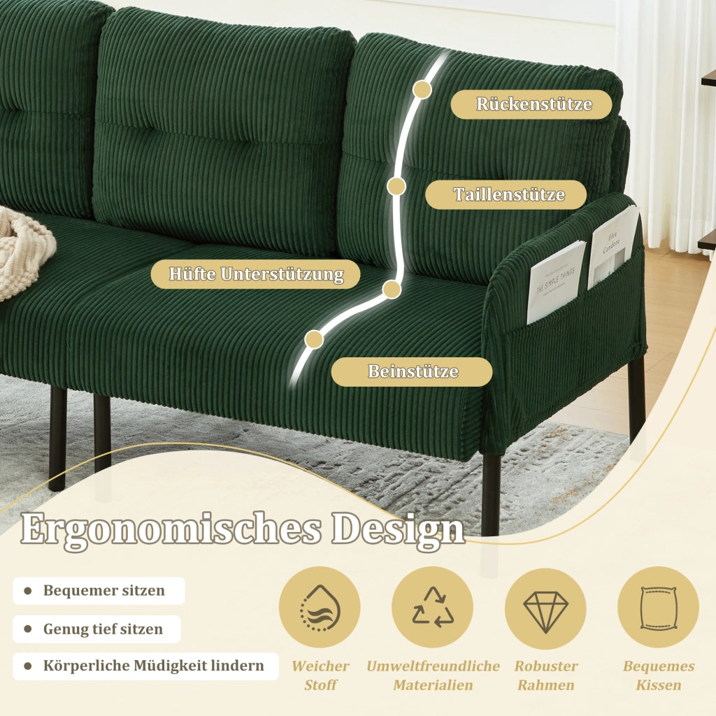 Divano a 3 posti in tessuto effetto velluto con schienale ergonomico tasca laterale e struttura stabile verde smeraldo