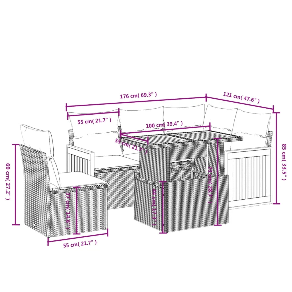 Set Divano da Giardino 6 pz con Cuscini Nero in Polyrattan 3273960
