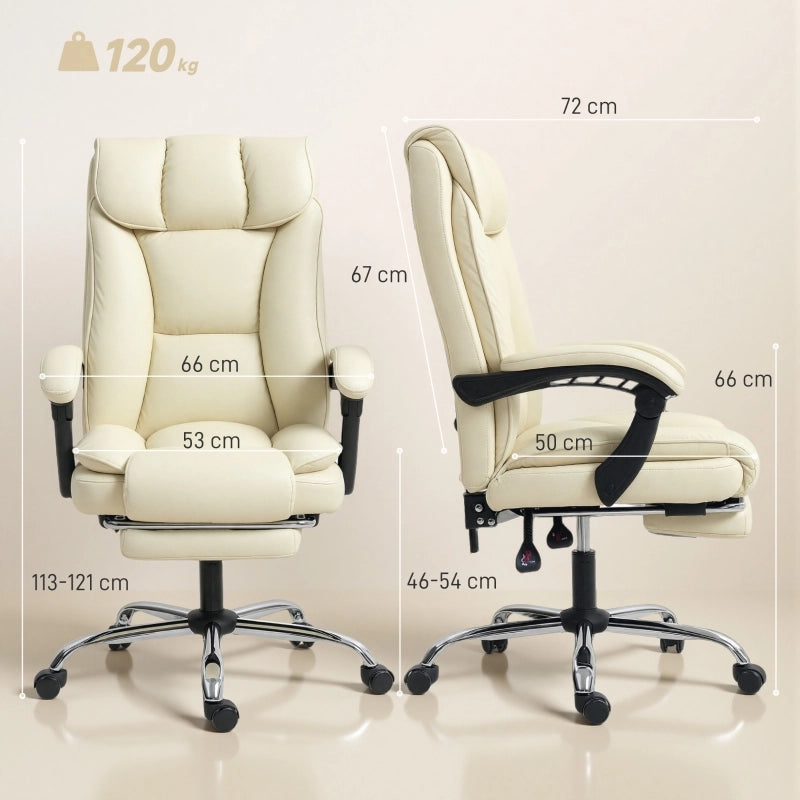 Sedia da ufficio ergonomica girevole con poggiapiedi, schienale reclinabile e ruote in pelle sintetica beige