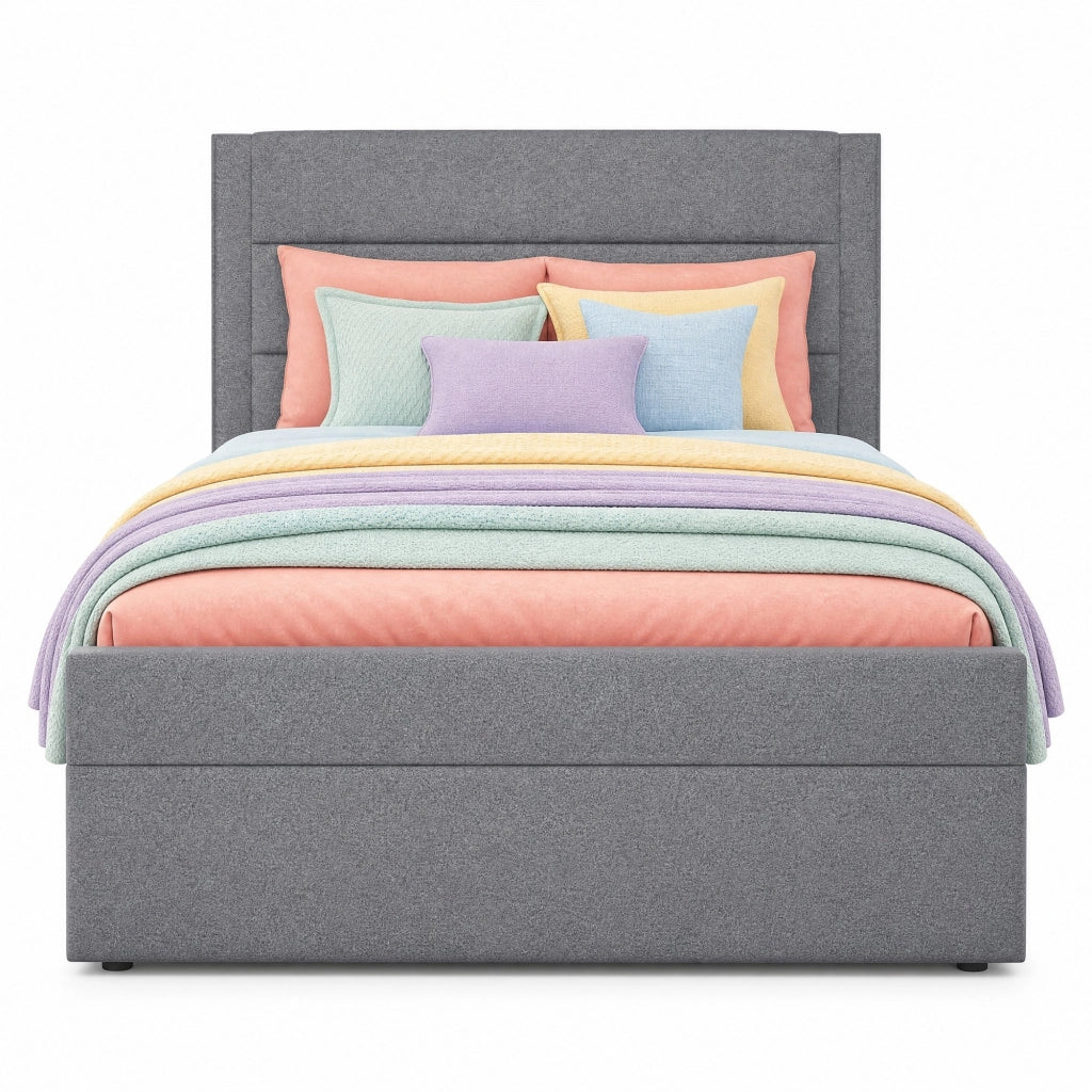 Letto singolo imbottito 90x200 cm con contenitore; in lino e MDF; grigio