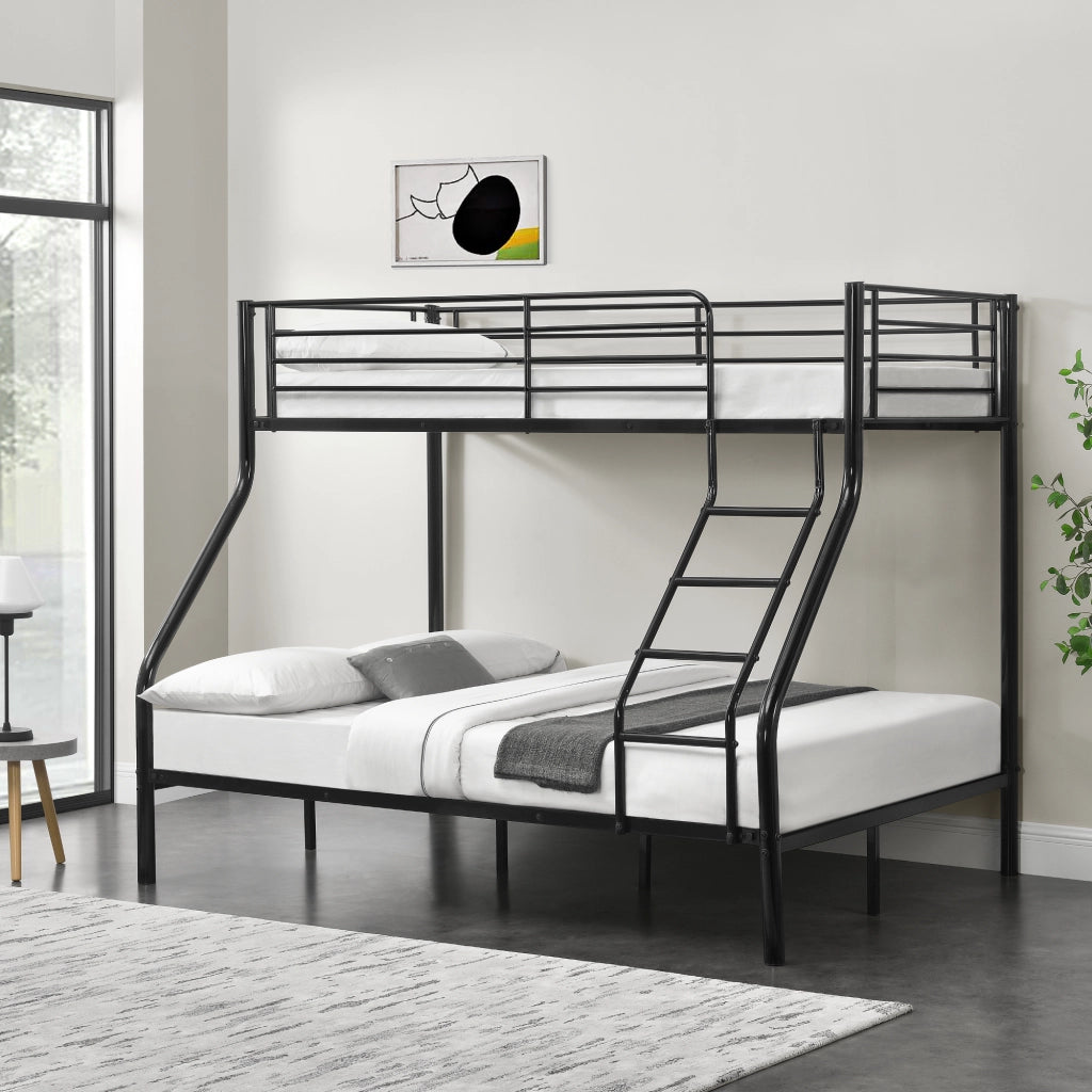 Letto a Castello Sortland a 3 Posti con Barriera Anticaduta e Scaletta 200 x 140/90 cm Metallo - Nero [neu.haus]