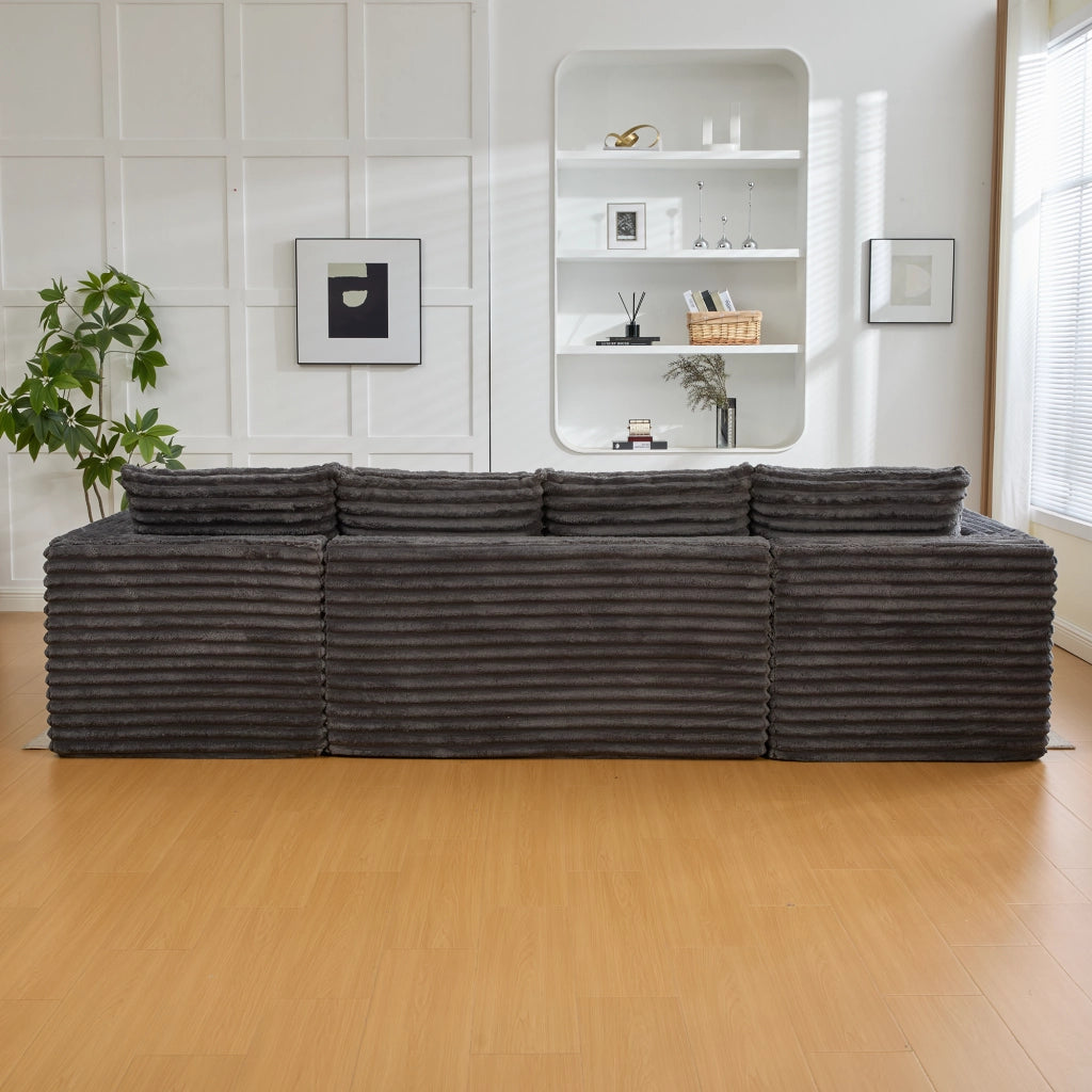 Divano modulare a U in corduroy grigio scuro con portabicchieri, tasche laterali e cuscini
