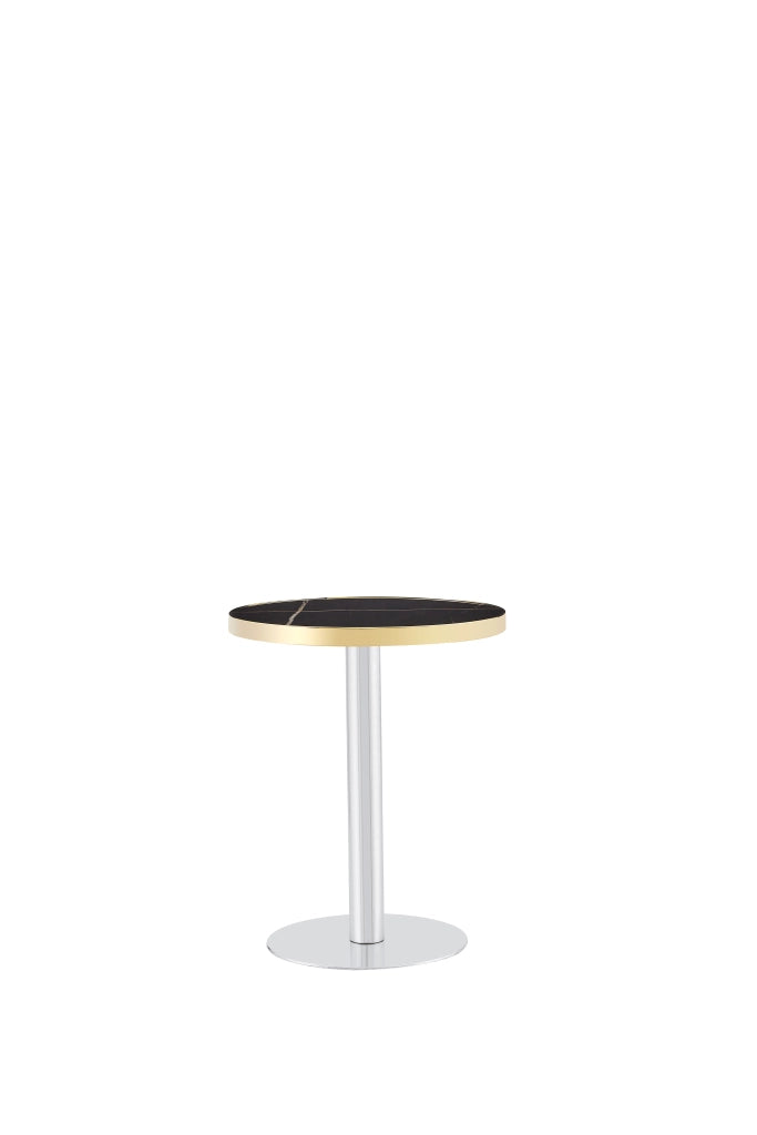 Tavolino basso rotondo con piano effetto marmo UV e bordo in acciaio inox color oro, per soggiorno, nero, in MDF