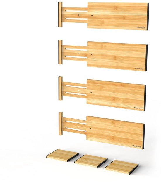 4-set di ripiani estensibili, 12 cm di altezza, estensibili da 31 cm a 45 cm, organizzatore di ripiani per comodini, ripiani estensibili in bambù per cucina, camera da letto, ufficio, bagno