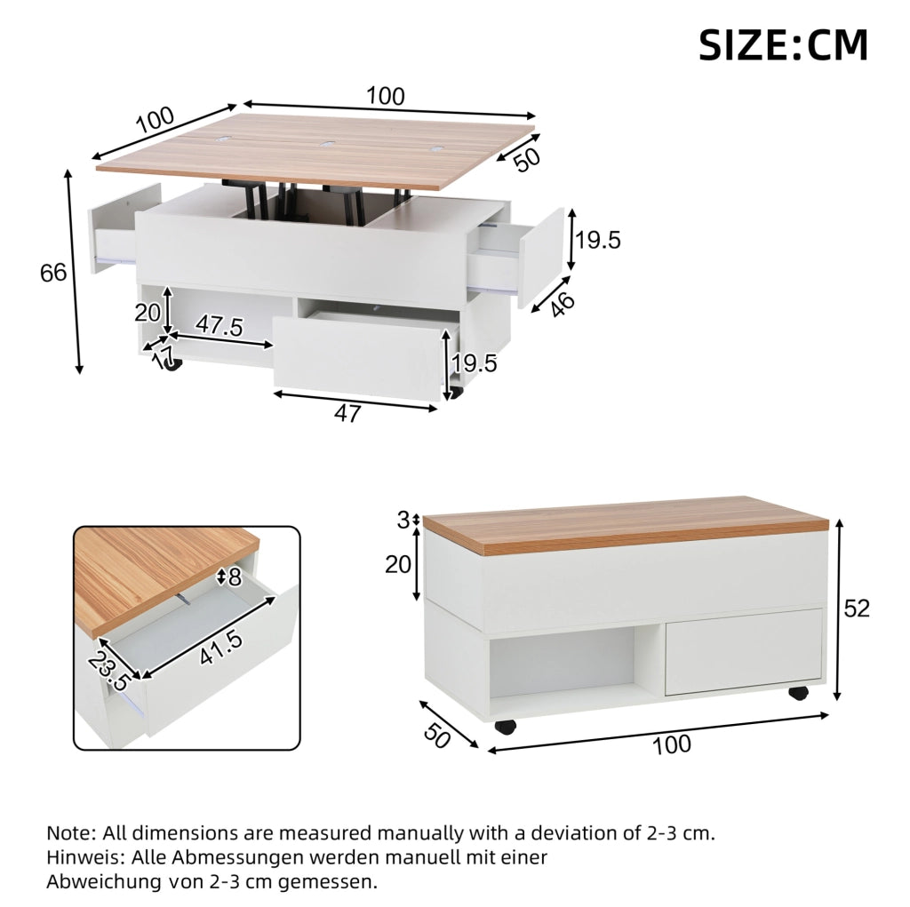 Tavolino da caffè 100x50x52 cm con piano sollevabile; 4 cassetti; ruote; truciolare bianco e naturale