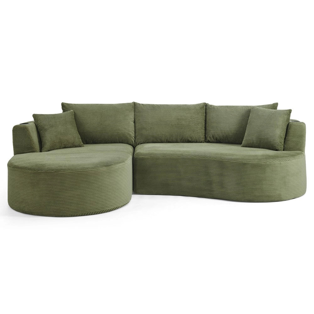 Divano 3 Posti con Chaise Longue ¨C Xylo ¨C Tessuto a Coste, Verde, con Cuscini e Portabicchieri