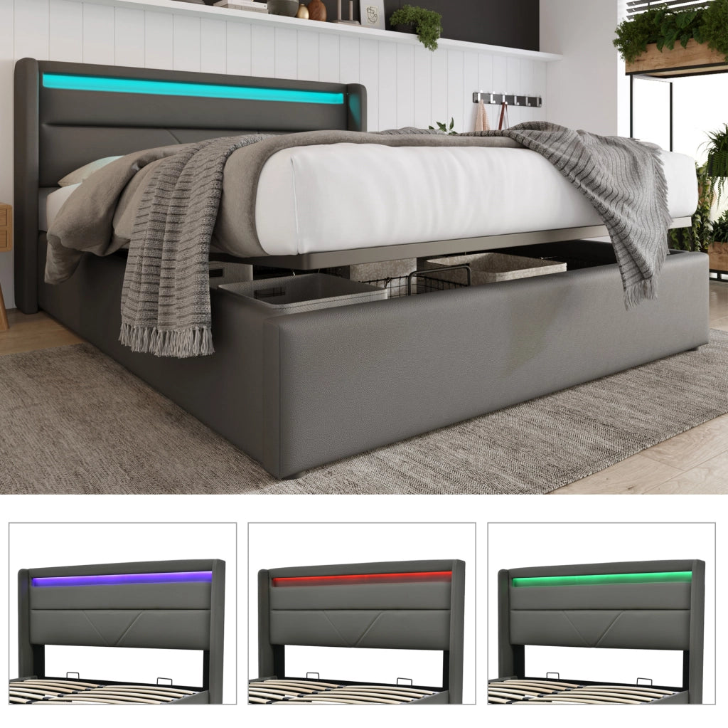Letto contenitore 160x200 cm con LED e telecomando, grigio