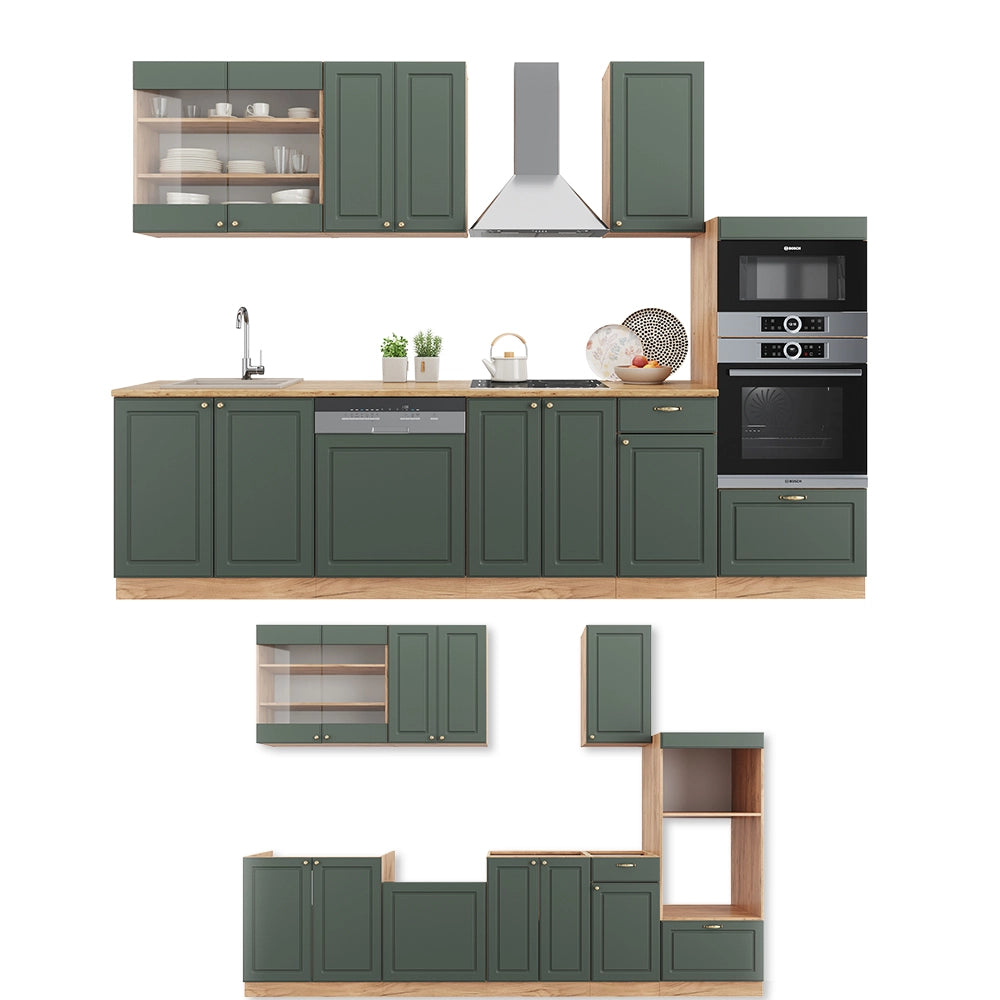 Cucina componibile Fame-Line Verde-oro rustico/Rovere dorato 300 cm con armadio alto, PL Antracite Vicco