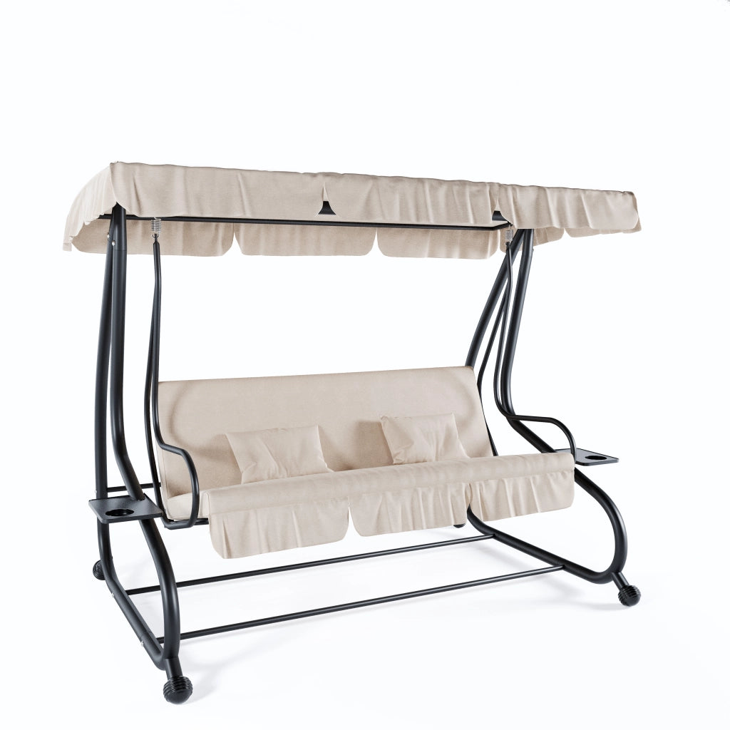 Dondolo 3 Posti Reclinabile Con Tettuccio Regolabile Cuscini Imbottiti Diventa Letto Struttura In Acciaio Giardino Esterno Balcone Terrazzo 200 x 120 x 160 cm Beige