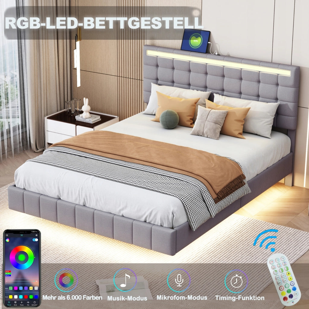 Letto imbottito 140x200 grigio con illuminazione a LED - Xylo