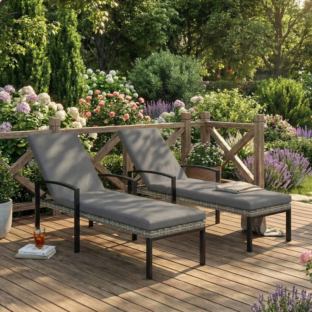 Set 2 Lettini da Giardino in Polyrattan con Schienale Regolabile ¨C zephmum ¨C Grigio Chiaro