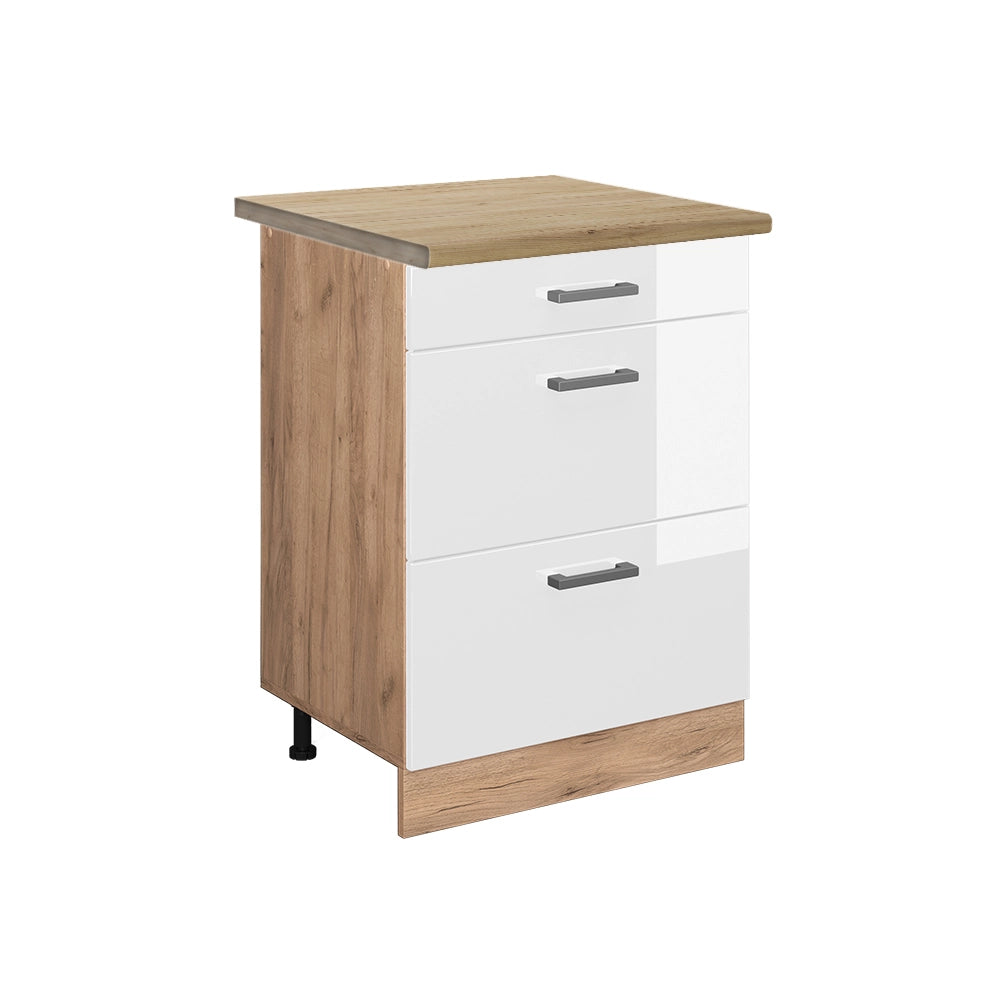 Vicco Mobiletto base per cucina Bianco lucido 60 cm con cassetti, PL Rovere
