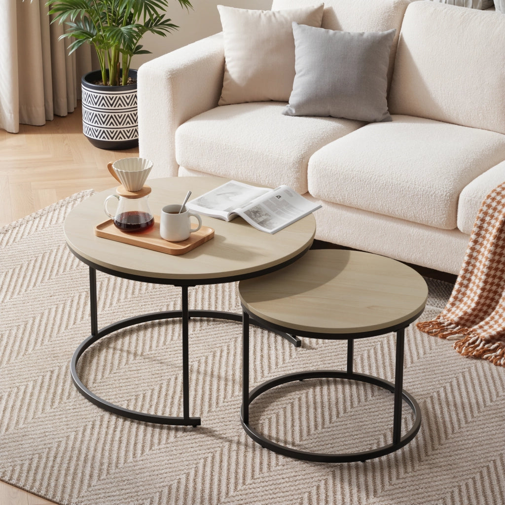 Tavolini bassi impilabili con 2 tavoli rotondi, stile moderno, in metallo e legno ingegnerizzato, rovere e nero