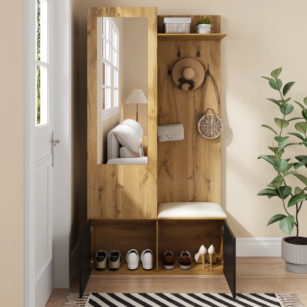 Mobile Ingresso con 5 Ganci; Specchio; 2 Scarpiere e Panca; Stile Moderno; in MDF; Nero e Naturale; 100??38??191 cm