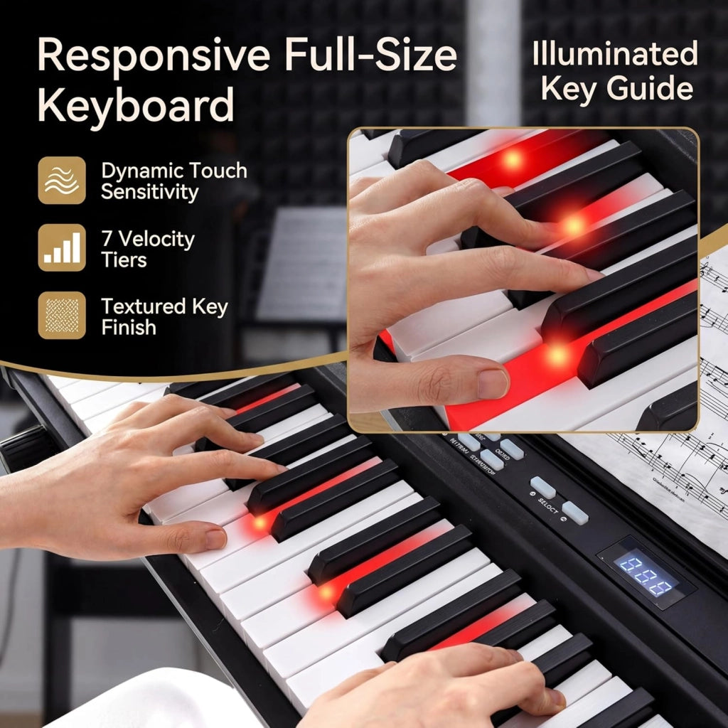 Tastiera per pianoforte a 88 tasti, pianoforte digitale con sgabello, supporto regolabile, auricolari, tastiera elettronica con tasti illuminati, borsa per principianti, adulti (nero)