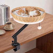 Cuccia per Gatti da Scrivania, Letto per Gatti Rotazione a 360° con Robusta Asta Metallica, Palla Sospesa e Cuscino Rimovibile, in PE Rattan e Peluche, Letto per Gatti da Casa ed Ufficio