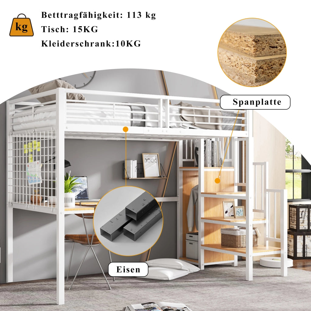 Letto a castello funzione scrivania e armadio in metallo e MDF bianco naturale 90x200 cm