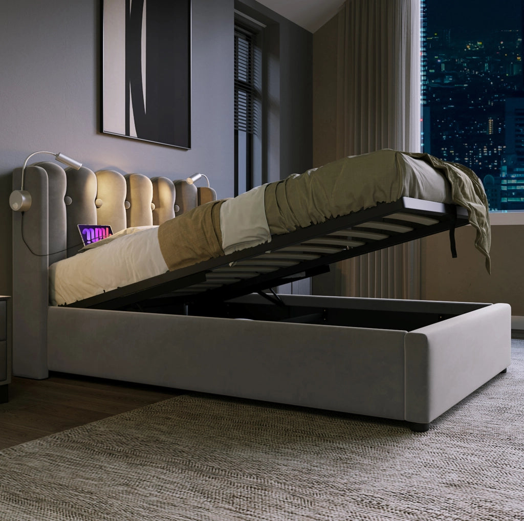 Letto singolo 90x200 cm grigio in velluto, luce da lettura e USB, senza materasso