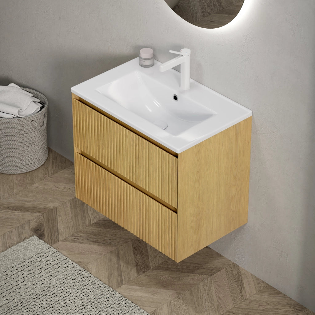 MOBILE BAGNO SOSPESO 61 cm con lavabo in ceramica Bianco e Rovere Dorato