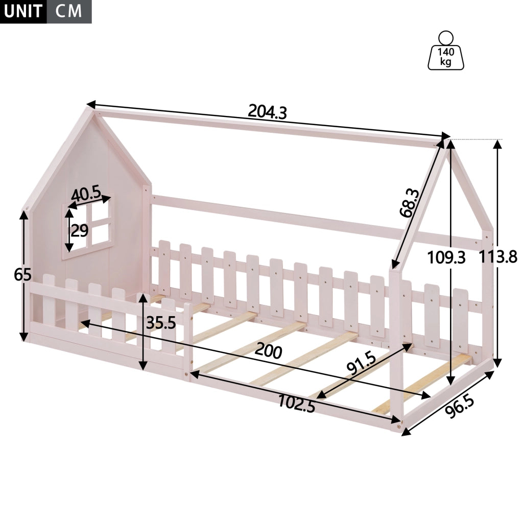 Letto per bambini a forma di casa 90x200 cm in pino e MDF; rosa